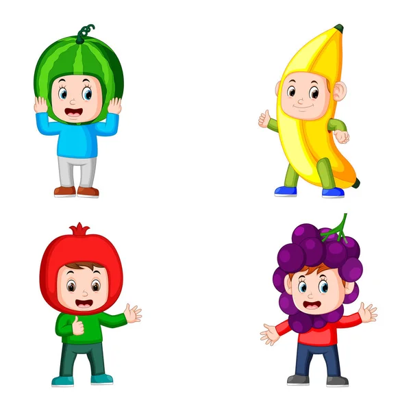 Die Kollektion Jungen Posieren Mit Den Früchten Kostüm Mit Anderen — Stockvektor