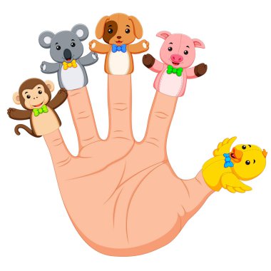 hand wearing 5 animal finger puppets clipart
