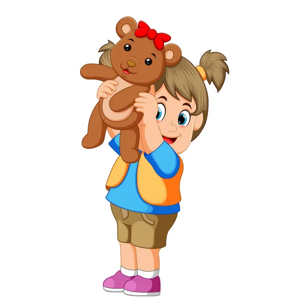 Ein Mädchen Glücklich Spielen Mit Thw Braunen Teddybär — Stockvektor