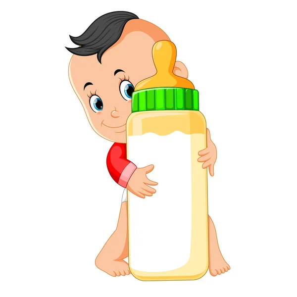 Baby Gelukkig Spelen Knuffel Fles Melk — Stockvector