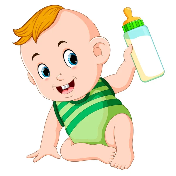 Χαριτωμένο Μωρό Παίζει Και Κρατήστε Μπουκάλι Γάλα — Διανυσματικό Αρχείο