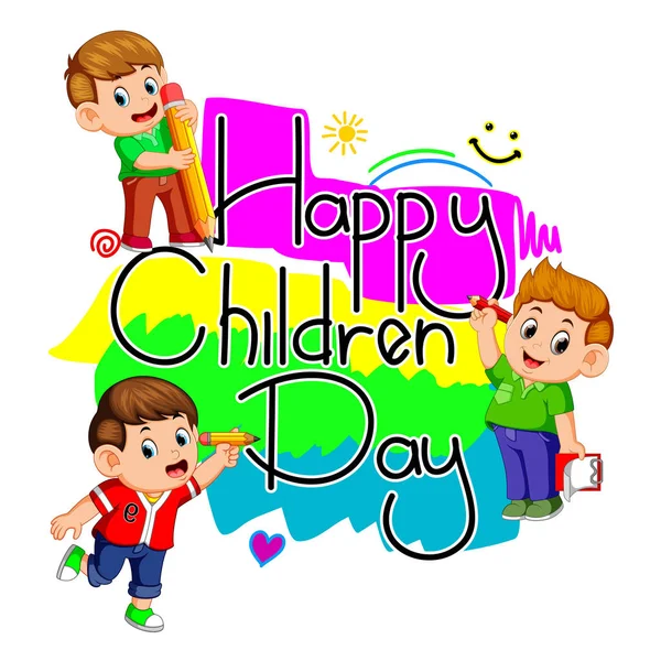 Happy Children Day Kids Holding Pencil — Stock Vector