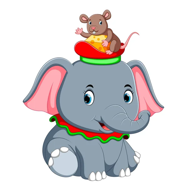 Petit Éléphant Jouer Avec Une Souris Mignonne Sur Chapeau — Image vectorielle