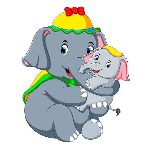 Elefante Con Sombrero Amarillo Jugando Con Pequeño Elefante Tan Divertido — Vector de stock