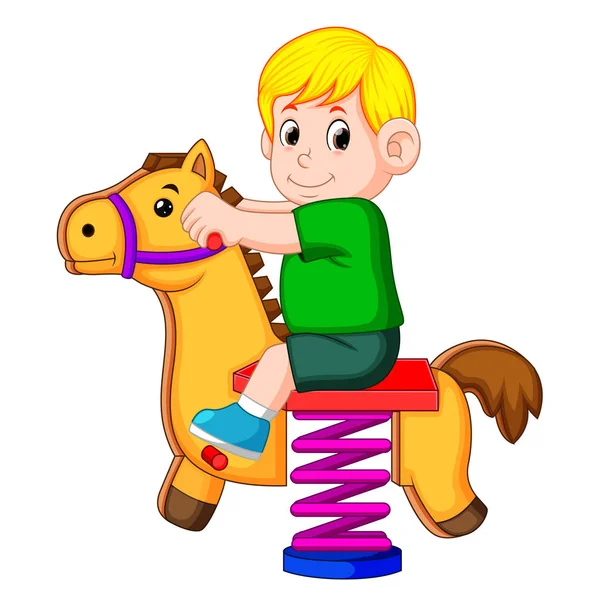 Ein Junge Glücklich Spielen Mit Braunem Pferdespielzeug — Stockvektor