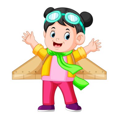 Cute little girl in pilot glasses playing with wings clipart