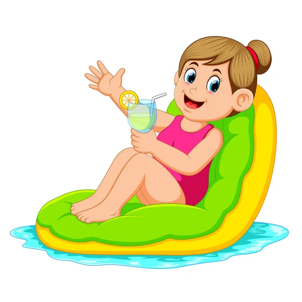 Mujer Relajándose Colchón Inflable — Vector de stock