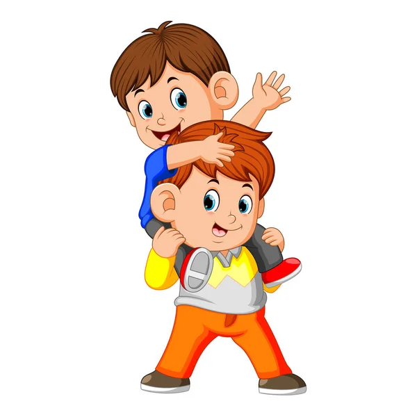 Happy Little Boy Carrying Her Brother — Stock Vector