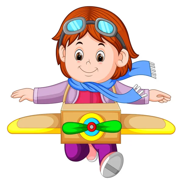 Schattig Klein Meisje Speelt Met Vliegtuig Speelgoed — Stockvector