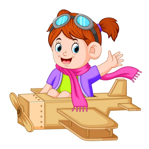 Schattig Meisje Spelen Met Het Speelgoed Vliegtuig — Stockvector