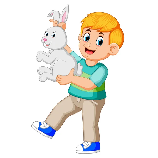 Niño Feliz Sosteniendo Conejo — Vector de stock