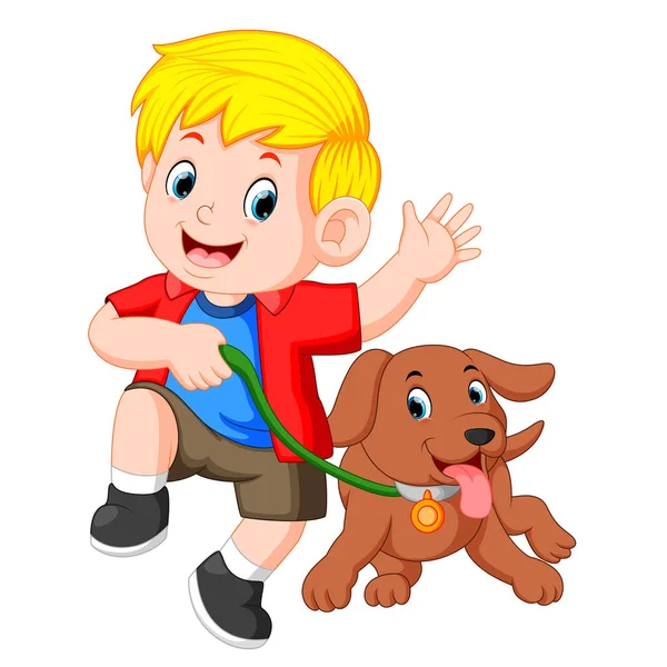 Little Boy Running Dog — Stock Vector