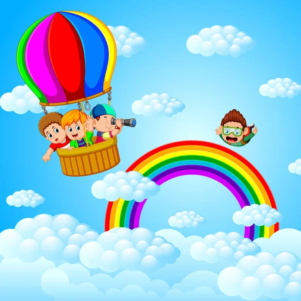 Glada Barn Som Flyger Luftballong Och Fallskärmshoppare — Stock vektor