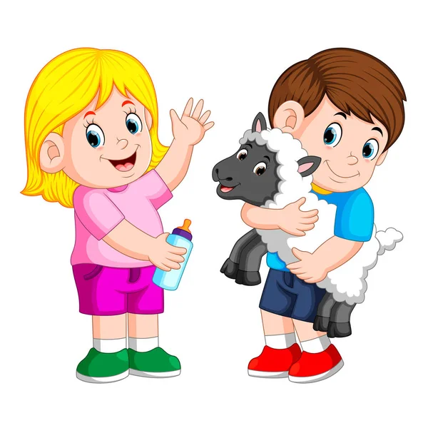 Young Girl Holding Baby Milk Bottle Boy Plays Sheep — Stock Vector