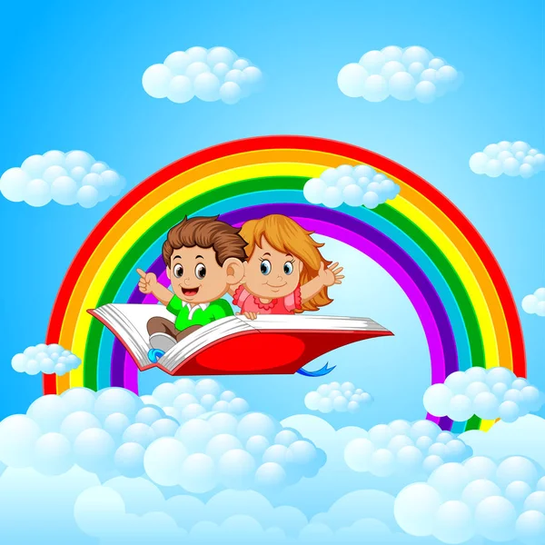 Mutlu Çocuklar Üzerinde Uçan Büyük Kitap Rainbow Ile Açın Arka — Stok Vektör