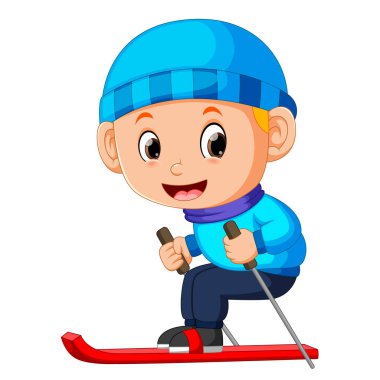 Mavi bir ceket ve kayaklar üzerinde çocuk