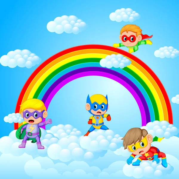 Crianças Felizes Jogando Super Herói Com Fundo Paisagem Céu — Vetor de Stock