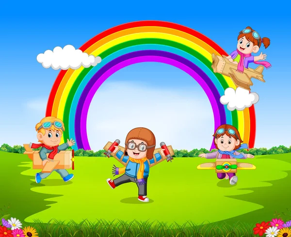 Glückliche Kinder Spielen Mit Pappflugzeug Freien — Stockvektor
