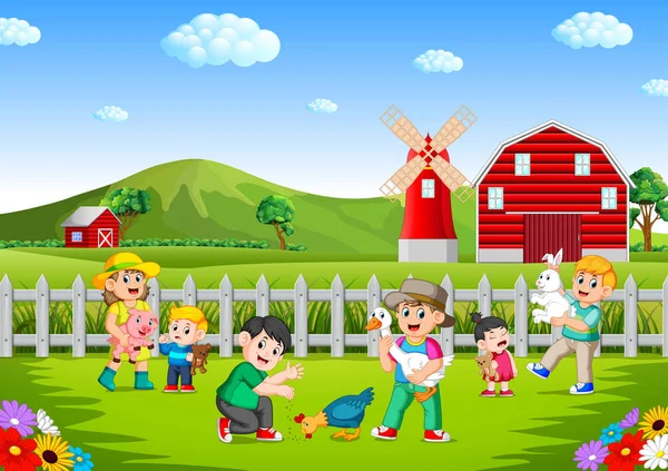 家庭和孩子在农场玩的乐趣 — 图库矢量图片