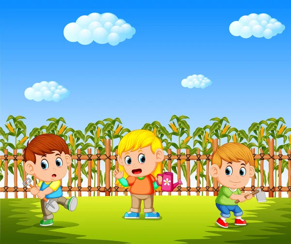 Enfants Heureux Plantation Dans Champ Maïs Avec Tenue Outils Jardin — Image vectorielle