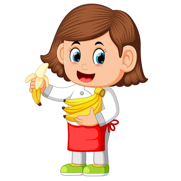 Χαριτωμένο Κορίτσι Ντυμένοι Σαν Ένας Σεφ Που Κατέχει Τις Μπανάνες — Διανυσματικό Αρχείο