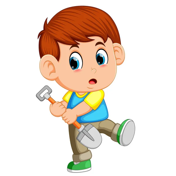 Αγόρι Που Προσποιείται Σκάψει Καθαρή Νέα Αχρησιμοποίητα Φτυάρι — Διανυσματικό Αρχείο