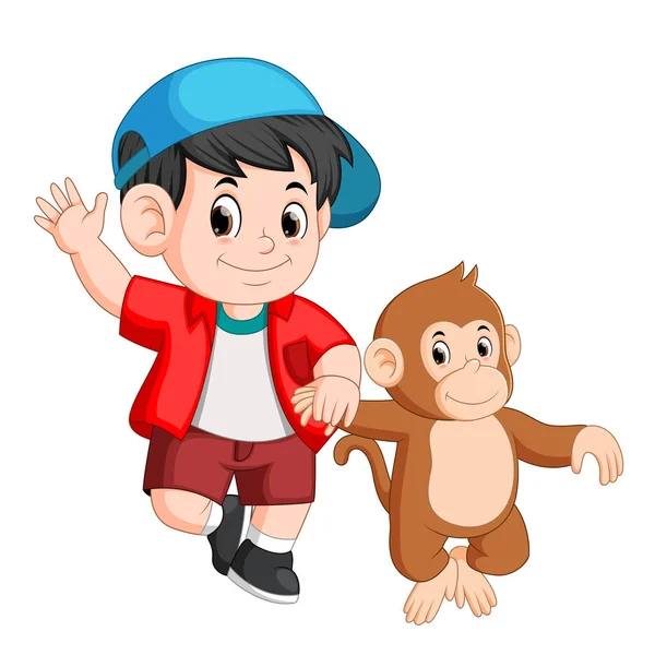 Μικρό Αγόρι Είναι Περπάτημα Μια Μαϊμού — Διανυσματικό Αρχείο