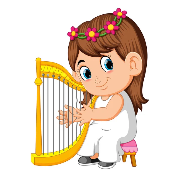 Une Belle Fille Aux Longs Cheveux Bruns Jouant Harpe — Image vectorielle