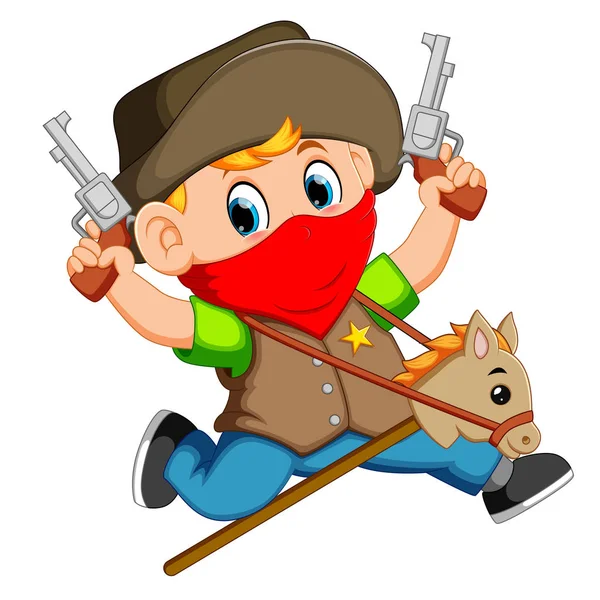 Lindo Niño Corriendo Con Caballo Palo Dos Armas Juguete — Vector de stock