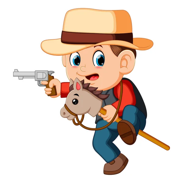 Milý Chlapeček Hraje Koněm Hůl Pistole Toy — Stockový vektor