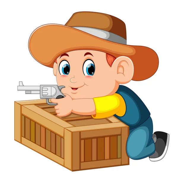 聪明的牛仔拿着他的枪和盒子后面 — 图库矢量图片