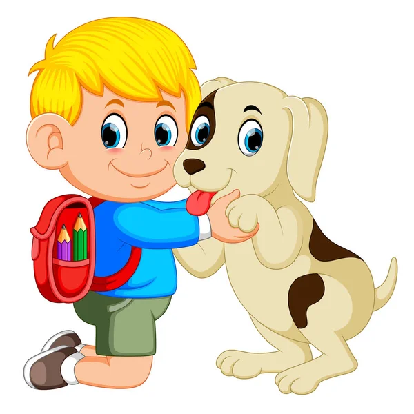 Chico Con Mochila Abrazando Perro — Vector de stock