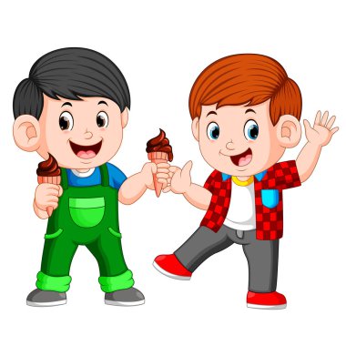 Two boy eating chocolate ice cream in waffles cone clipart
