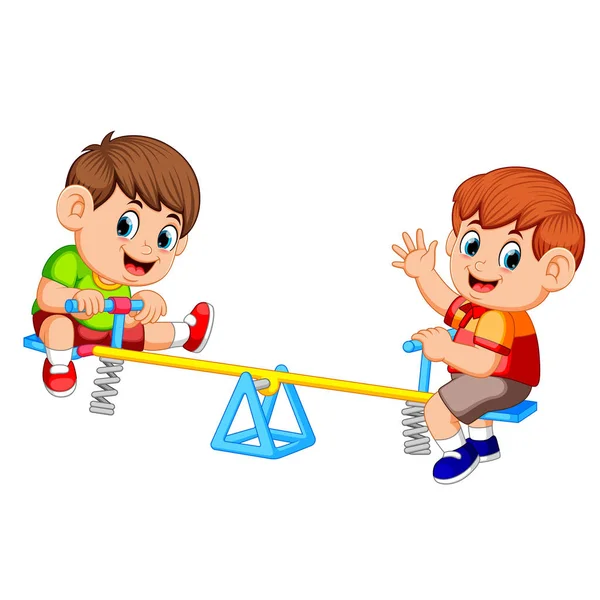 Два Мальчика Играют Качелях — стоковый вектор