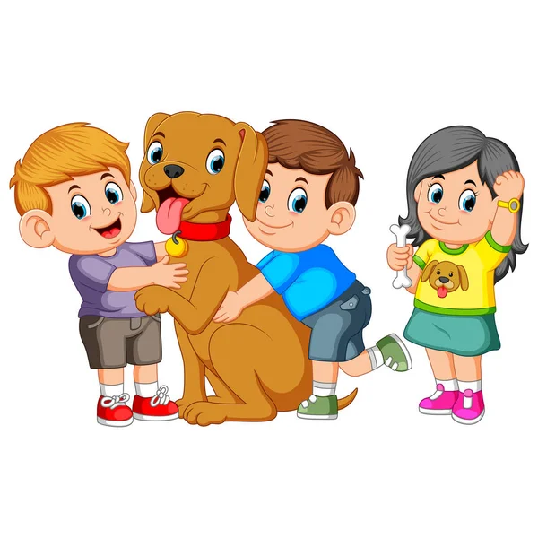 Niño Cariñosamente Abraza Perro Mascota — Vector de stock