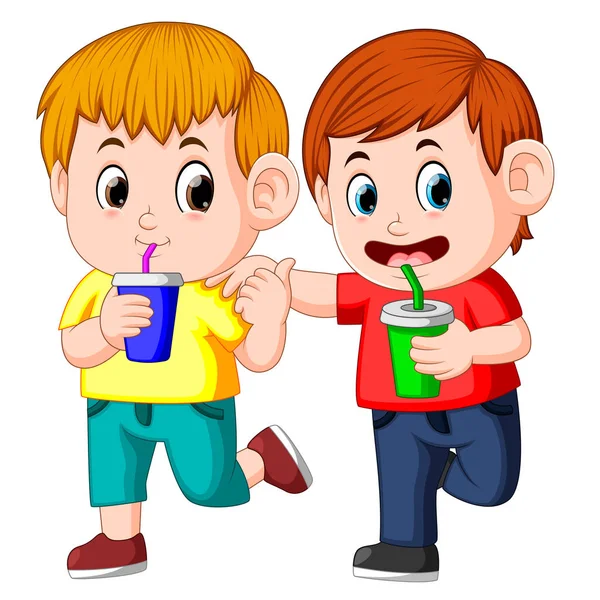 Dos Chicos Bebiendo Soda Una Taza Papel — Vector de stock