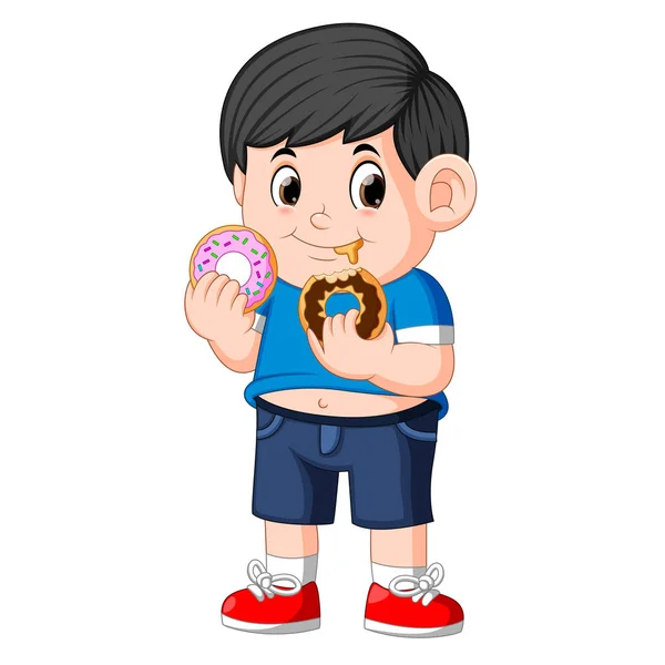 Little Happy Cute Boy Eating Two Donut — Stock Vector