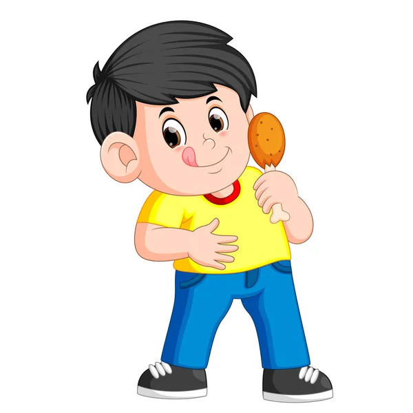 Cute Boy Eating Deep Fried Chicken — Stock Vector