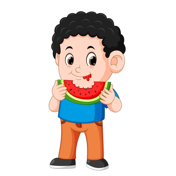 Niedlicher Kleiner Junge Isst Wassermelone — Stockvektor