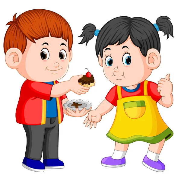 Boy Giving His Girlfriend Piece Cake Plate — Stock Vector