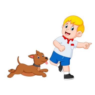 Çocuk köpeğiyle oynuyor.