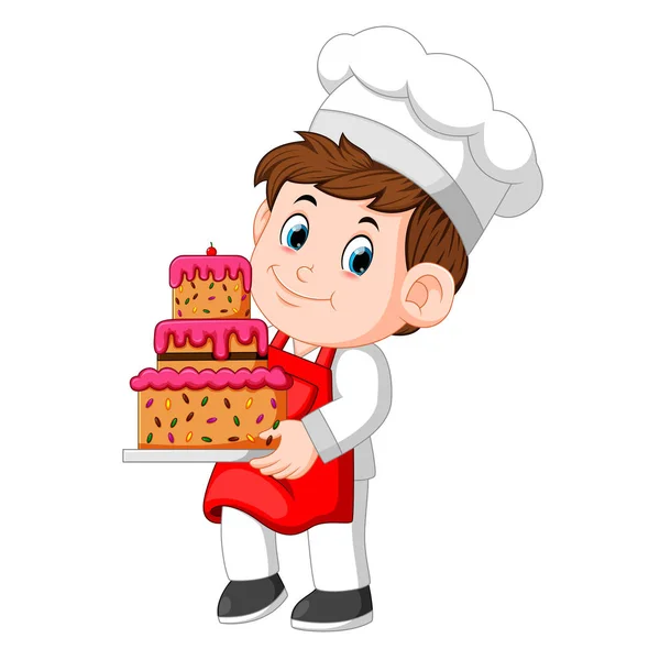 Chef Holding Plate Delicious Cake — Stock Vector