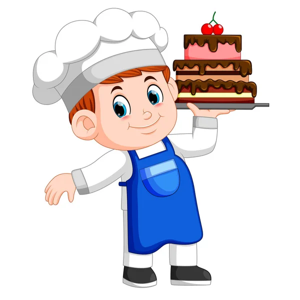 Young Chef Holds Tray Cake — Stock Vector