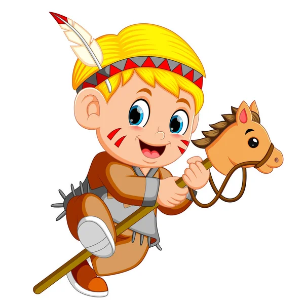 Boy American Indian Playing Stick Horse Toy — Stock Vector