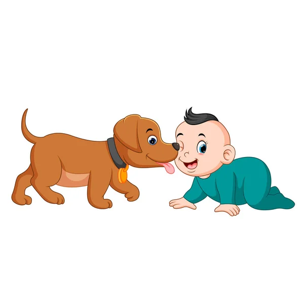 Baby Playing Little Dog — Stock Vector