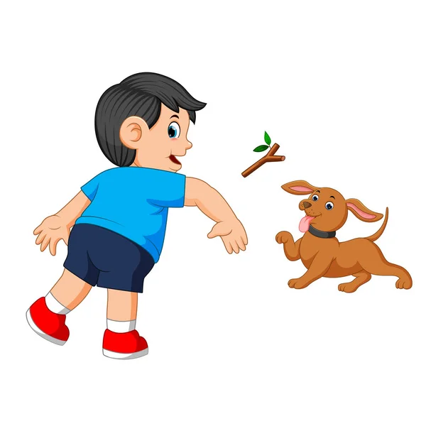 Junge Wirft Stock Auf Seinen Hund — Stockvektor