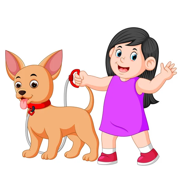 Chica Feliz Paseando Con Perro — Vector de stock