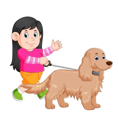 küçük bir kız kadın köpeğiyle yürüyen ve elini sallayarak