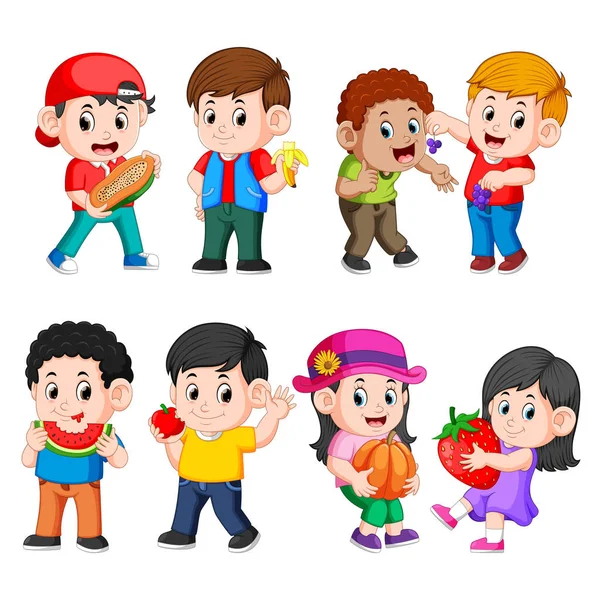 Una Colección Los Niños Sosteniendo Comiendo Sus Frutos — Vector de stock