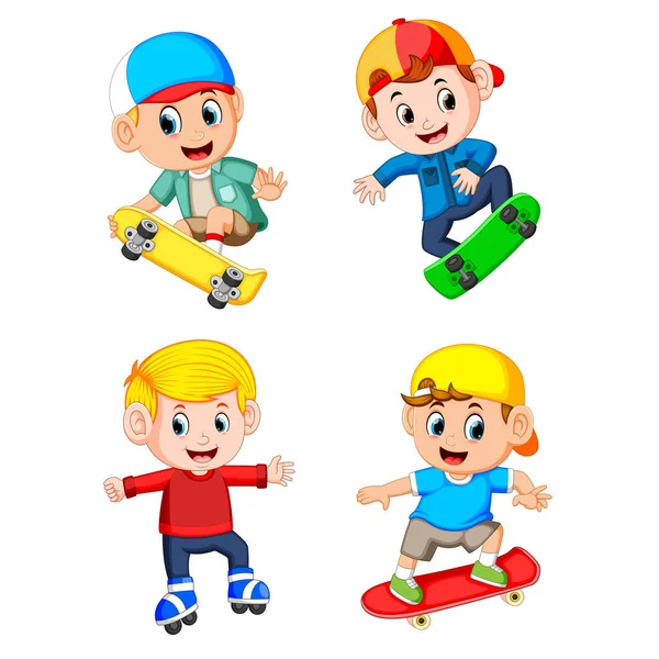 Group Professional Boy Playing Skateboard — Stock Vector